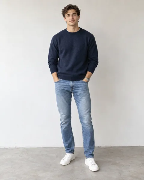 Input portrait of the dancer in a navy sweater, jeans and white shoes